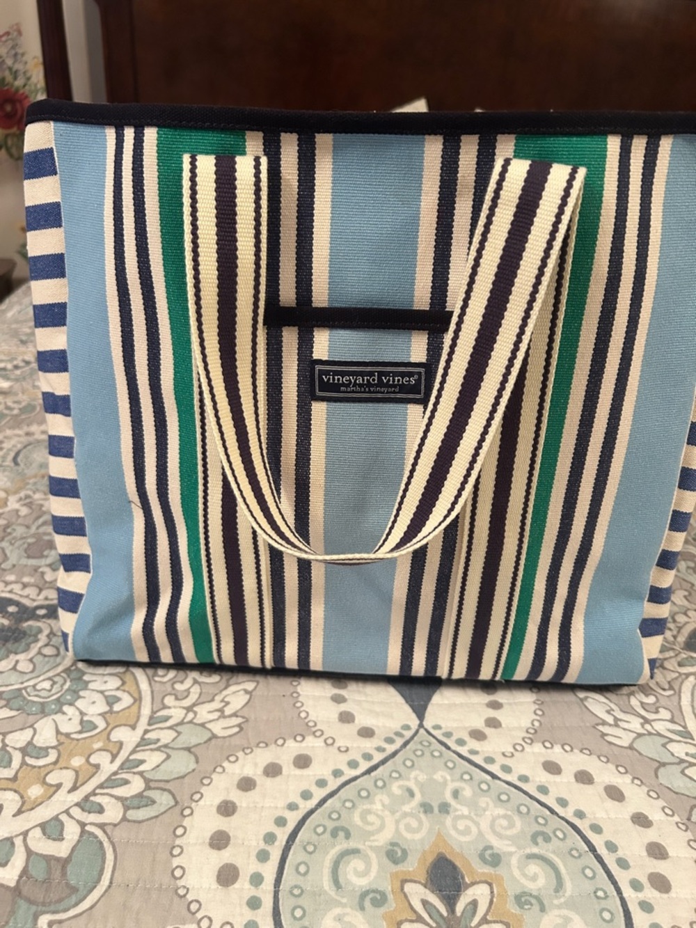 Vineyard Vines Light Blue, Navy & Green Striped Canvas Beach Pool Tote